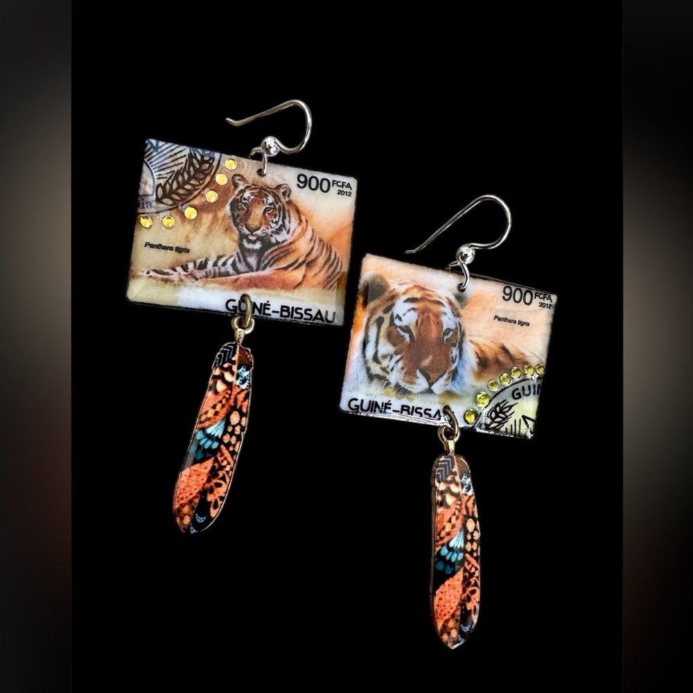 Guine Bissau Tiger vintage postage stamps wildlife earrings feather charm OOAK